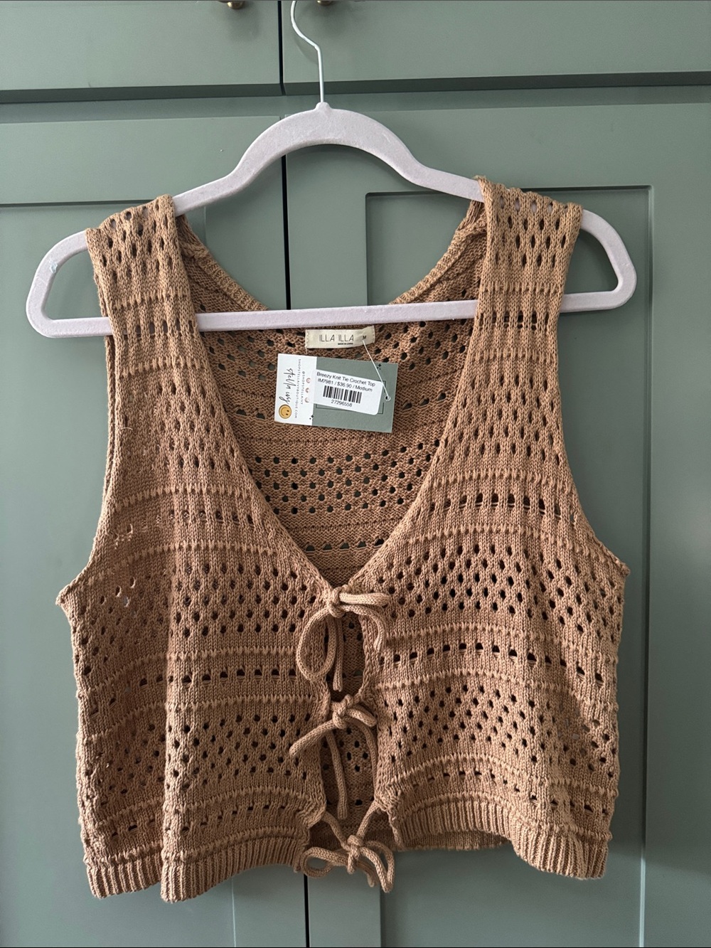 ILLA ILLA Crochet Tie-Front Vest in Tan